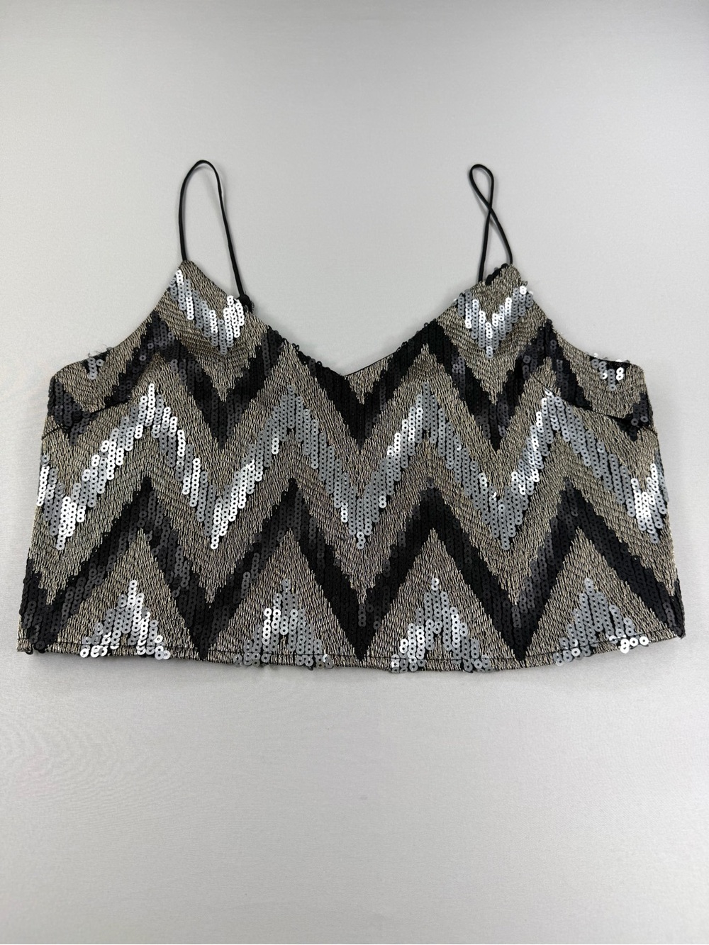 ASTR Sequin Crop Top Metallic Chevron Black Silver Gold Y2K Party Cami